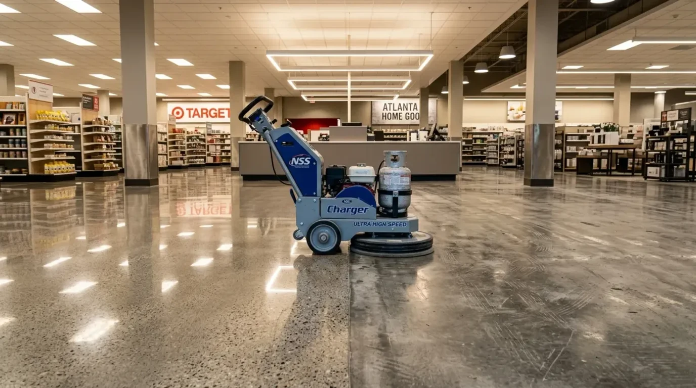 Concrete Masters v2 Professional concrete floor maintenance and burnishing in an Atlanta commercial space