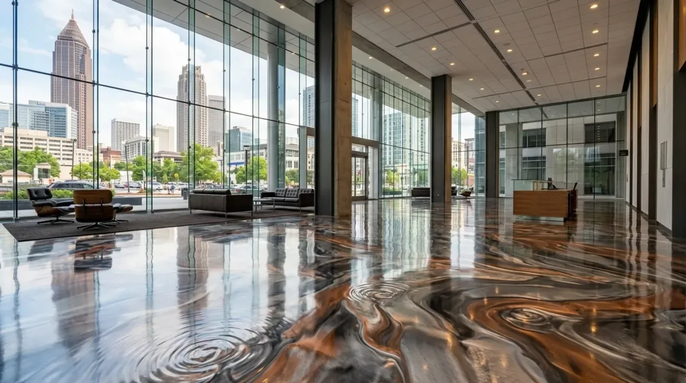 Concrete Masters v2 Stunning metallic epoxy floor with swirling 3D color effects in an Atlanta showroom