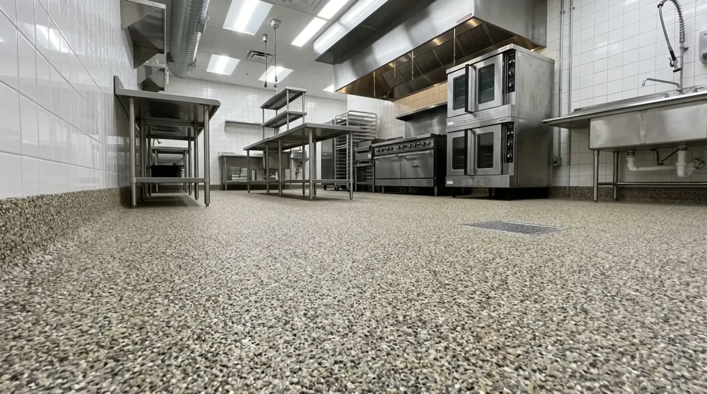 Quartz epoxy flooring system installed in an Atlanta commercial kitchen