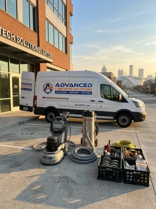 Concrete Masters v2 Concrete Masters professional equipment and work van at a commercial job site in Atlanta