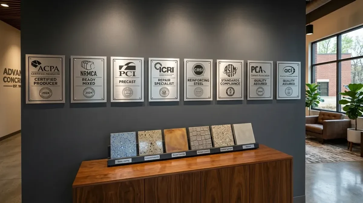 Concrete Masters v2 Manufacturer certification plaques and concrete finish samples in the Concrete Masters office