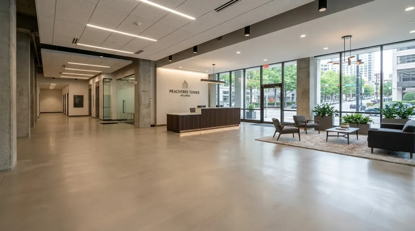 Concrete Masters v2 Commercial concrete overlay in a modern Atlanta office lobby renovation