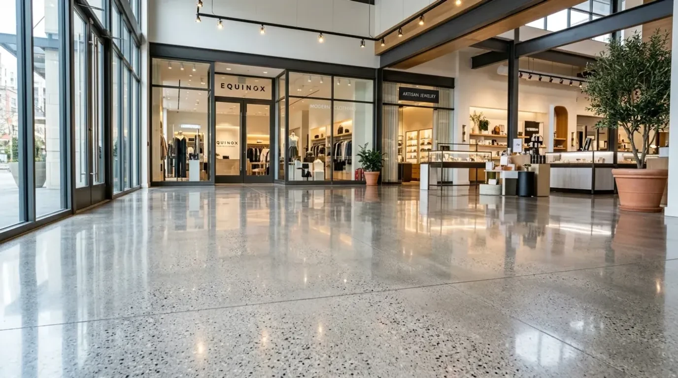 High-gloss polished concrete floor in a large Atlanta commercial retail space