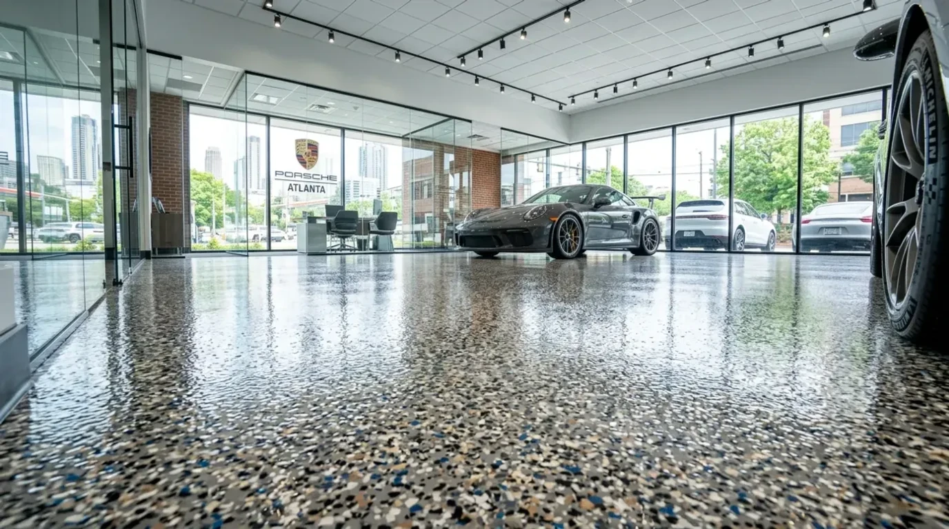 Concrete Masters v2 Polyaspartic floor coating with decorative flake broadcast in Atlanta commercial showroom