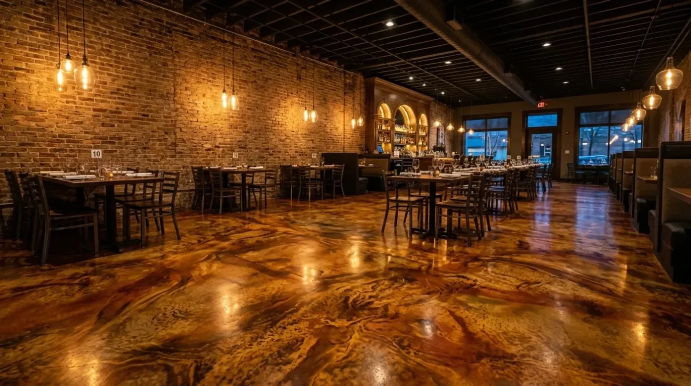 Acid-stained concrete floor with rich earth tones in an Atlanta restaurant