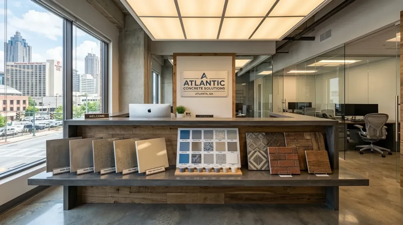 Concrete Masters v2 Professional concrete flooring office with samples and materials