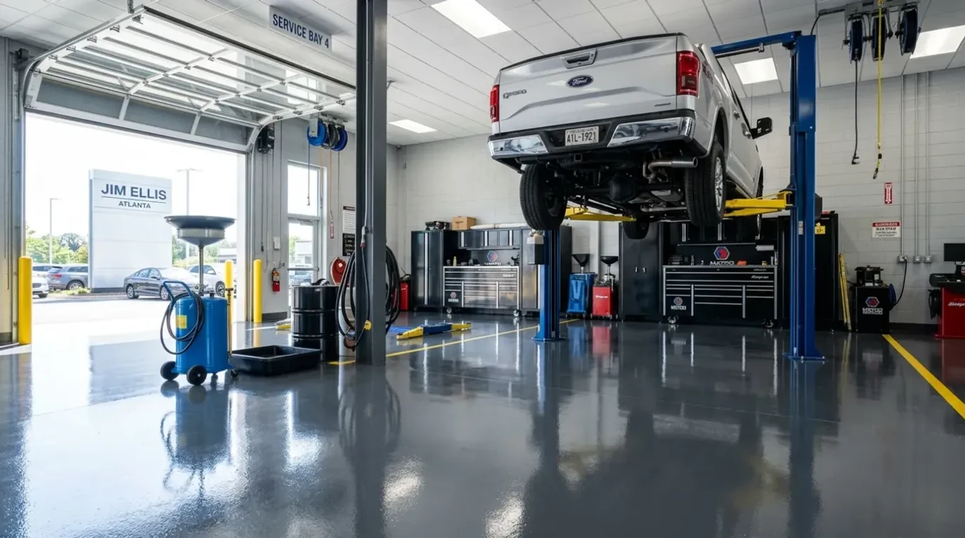Chemical-resistant epoxy floor coating in an Atlanta automotive service bay