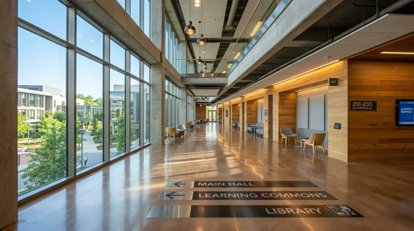 Polished concrete corridor in a modern Atlanta university campus building with natural light