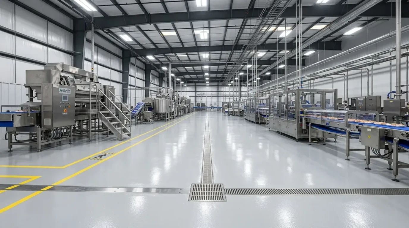 Seamless epoxy flooring in an Atlanta food processing facility with stainless steel equipment and drainage channels