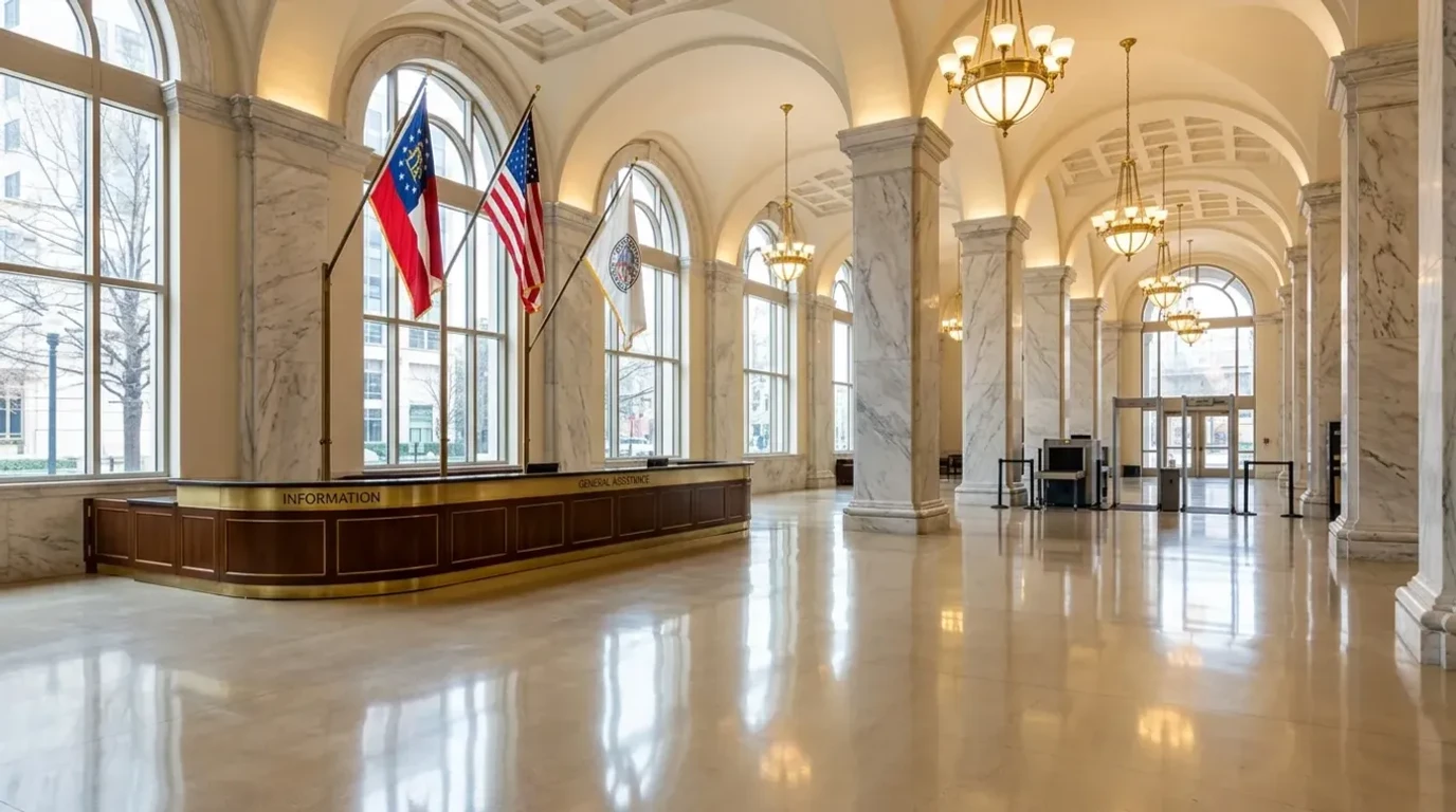 Polished concrete floor in an Atlanta government building lobby