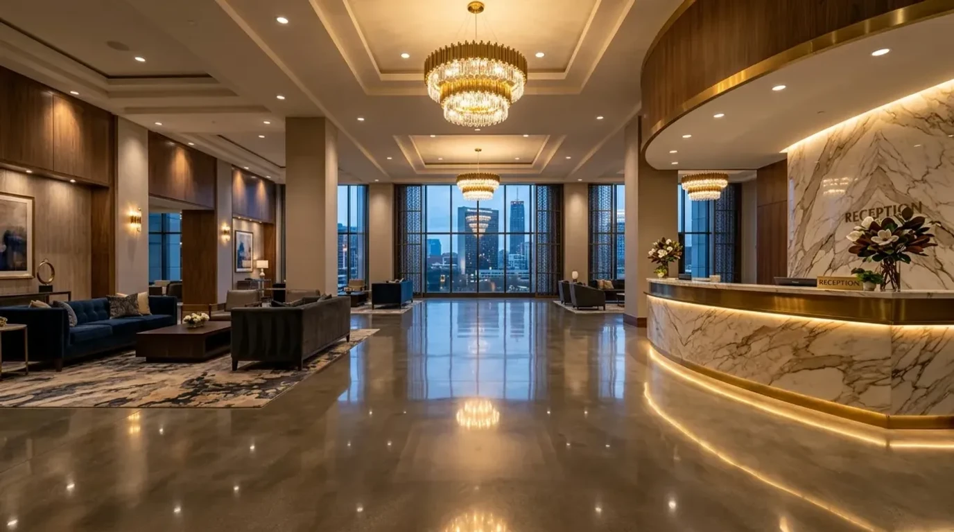 Concrete Masters v2 Polished concrete floor in a luxury Atlanta hotel lobby with warm lighting reflections
