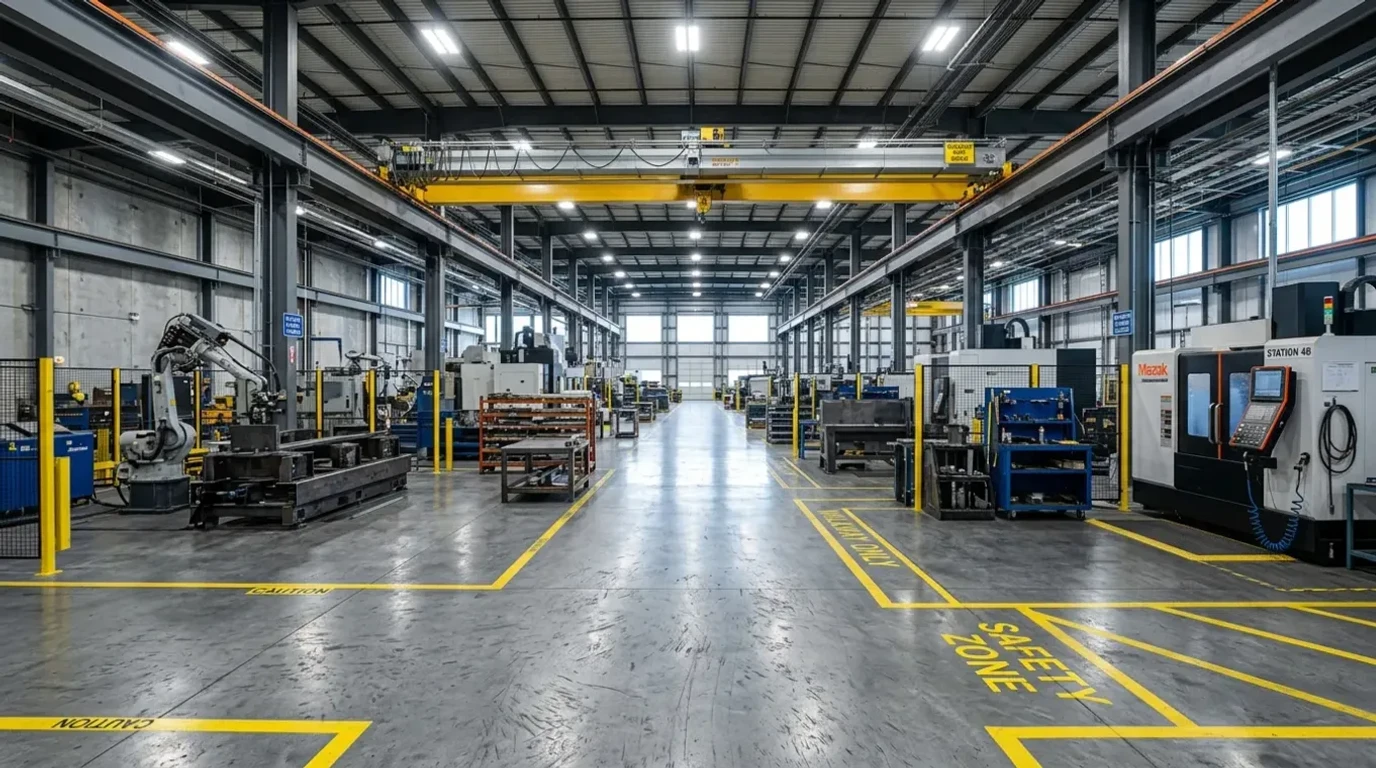 Heavy-duty epoxy-coated manufacturing floor with safety line markings in an Atlanta production facility