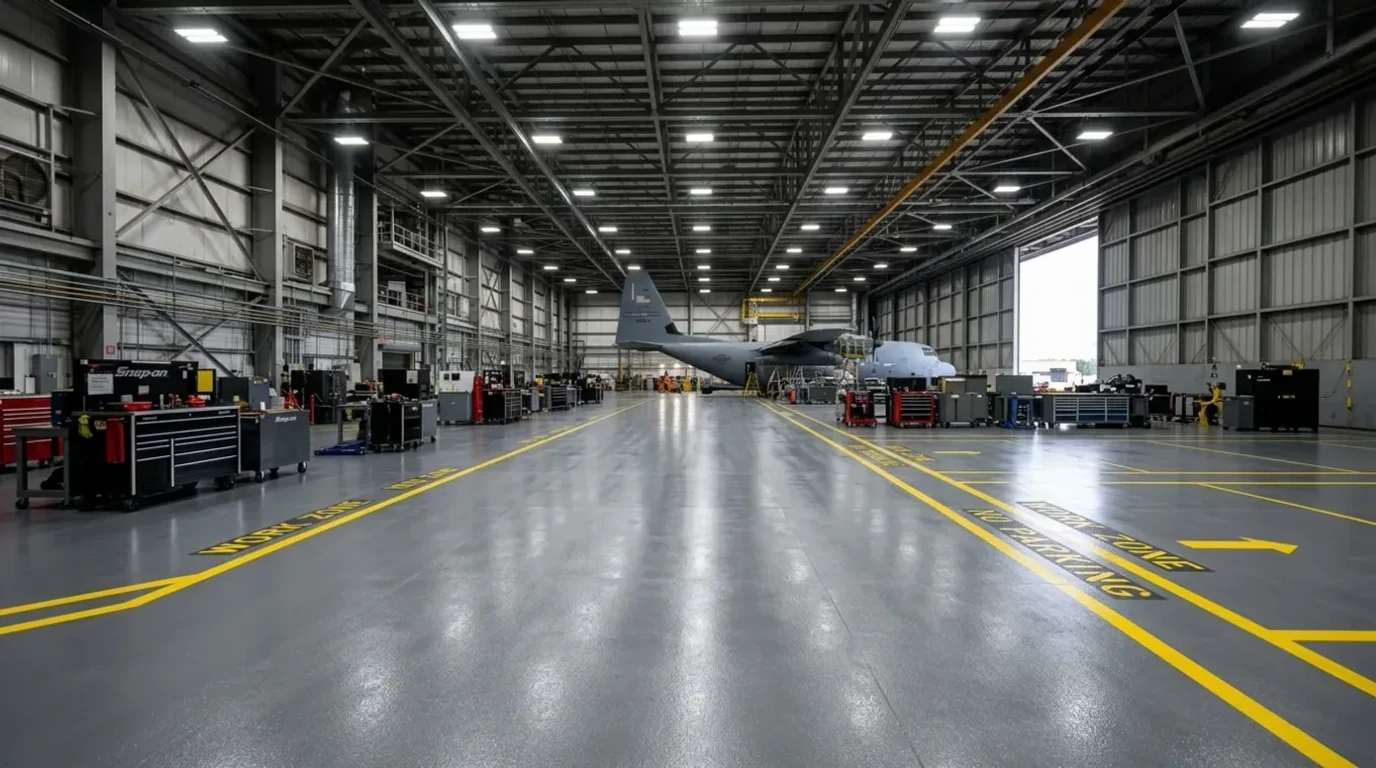 Concrete Masters v2 High-performance seamless concrete floor coating in a military aircraft hangar