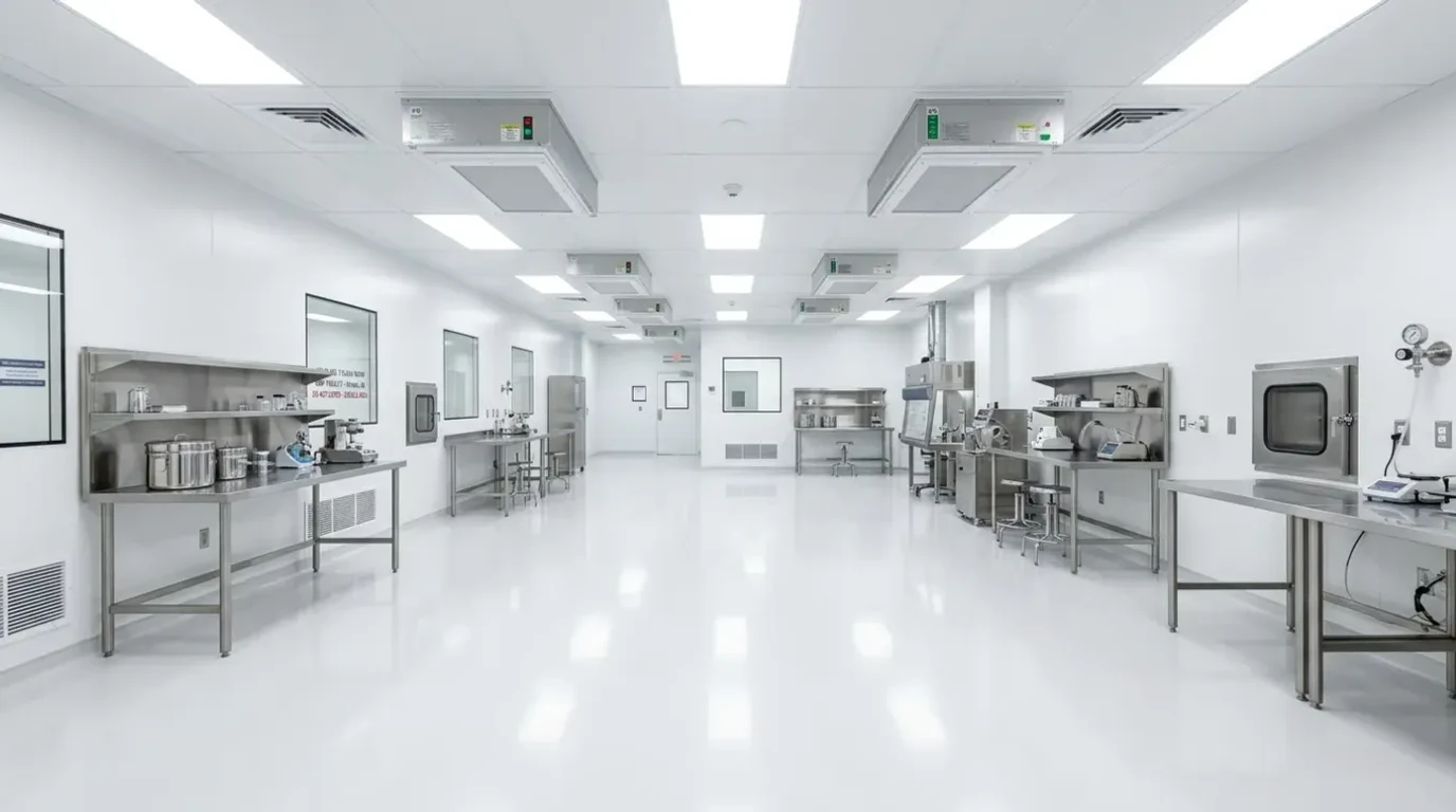 Seamless white epoxy clean room floor with integrated cove base in an Atlanta pharmaceutical facility