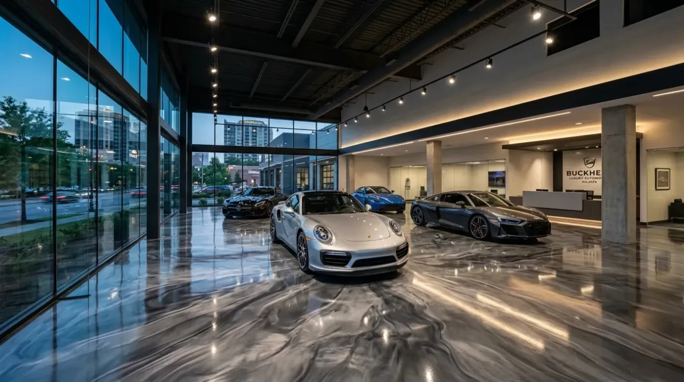 Concrete Masters v2 Metallic epoxy showroom floor with flowing silver patterns and dramatic spotlighting in Atlanta