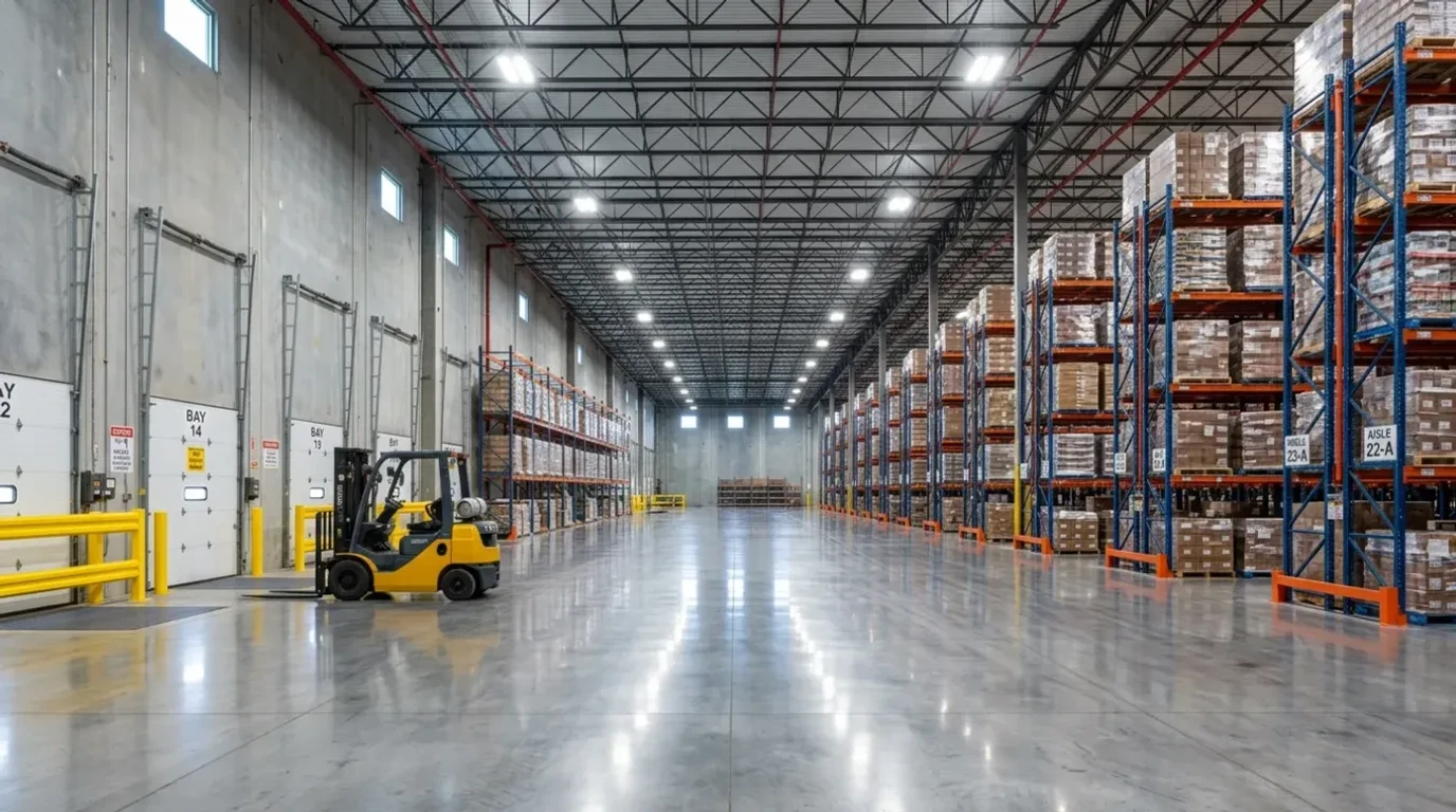 Polished concrete floor in a large Atlanta warehouse and distribution center