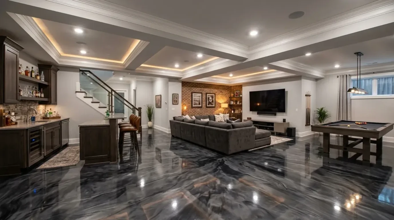 Concrete Masters v2 Epoxy floor coating with metallic finish in a finished Atlanta residential basement