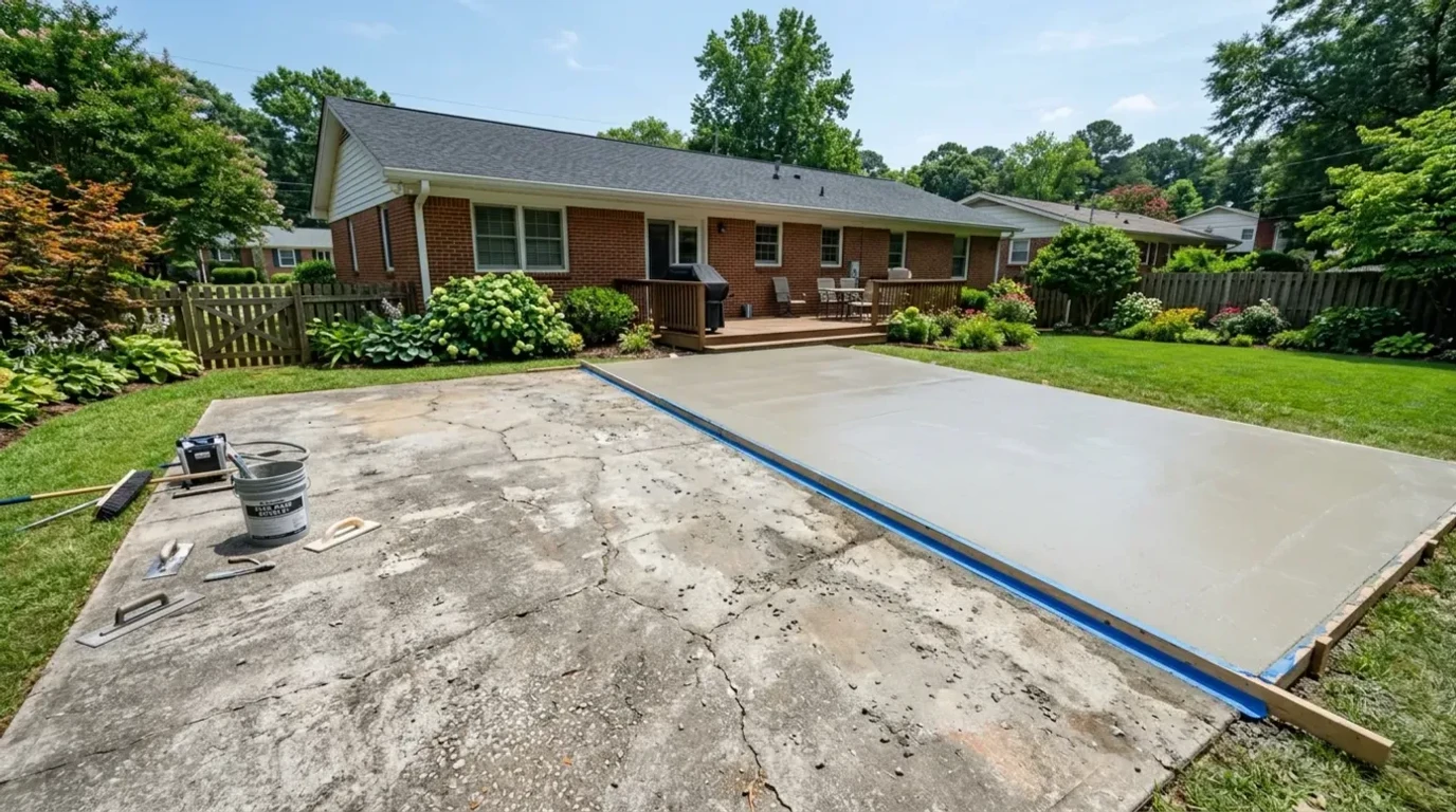Concrete Masters v2 Concrete overlay being applied to a residential patio in Atlanta, restoring a worn surface with a fresh decorative finish