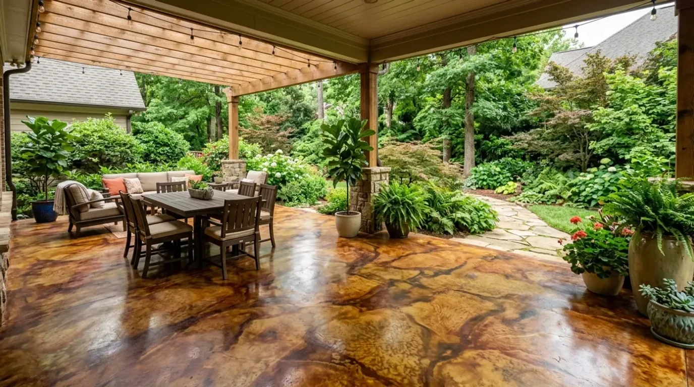 Concrete Masters v2 Acid-stained concrete patio floor in an Atlanta home with warm amber and walnut color tones