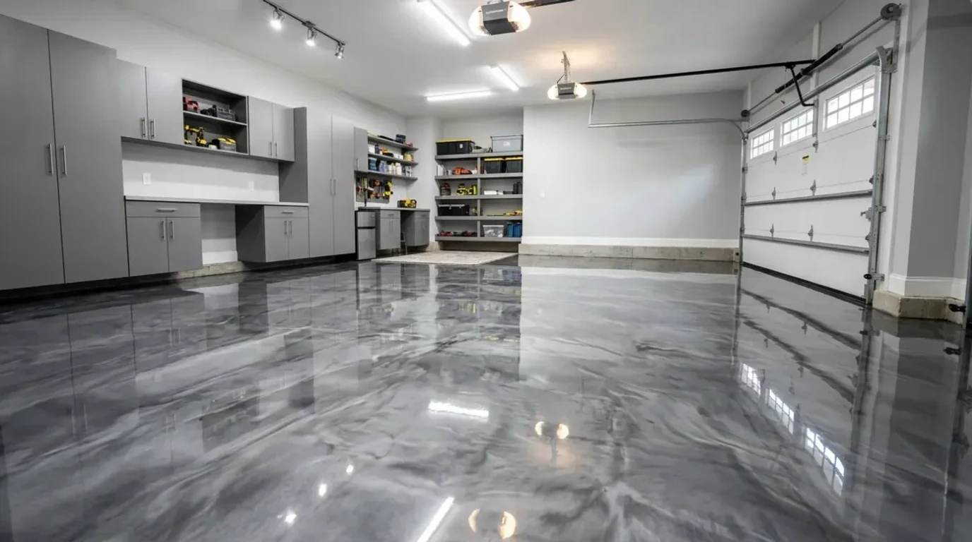 Concrete Masters v2 Residential epoxy floor coating with decorative flake broadcast finish in an Atlanta home garage