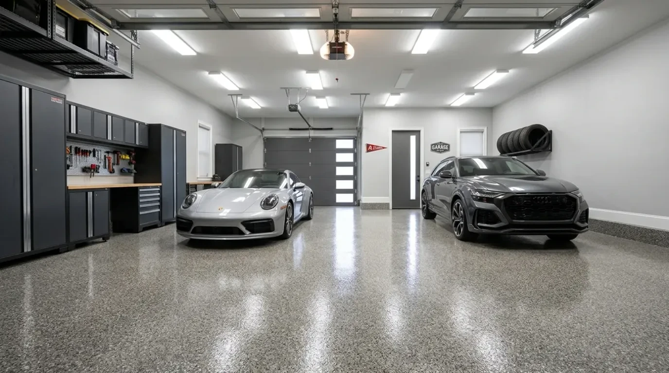 Concrete Masters v2 Polyaspartic garage floor coating with flake broadcast finish in an Atlanta residential garage