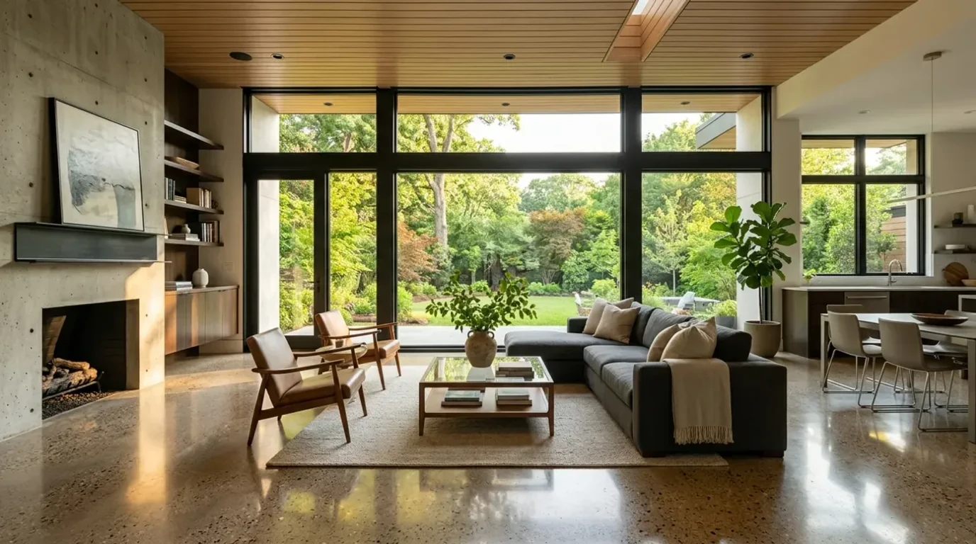 Concrete Masters v2 Beautiful polished concrete floor in an Atlanta residential living room with natural aggregate exposure and warm lighting