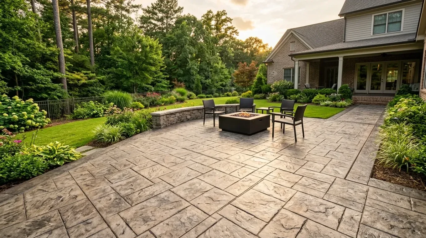 Concrete Masters v2 Stamped concrete patio with ashlar slate pattern in a Sandy Springs residential backyard
